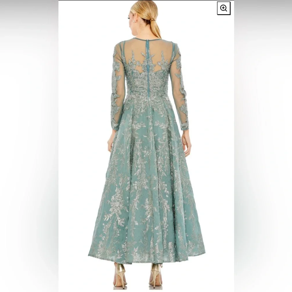 Bow belt illusion teal length evening gown - Picture 2 of 10